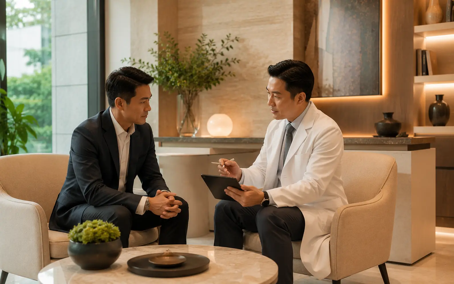 Executive health consultation with doctor and patient